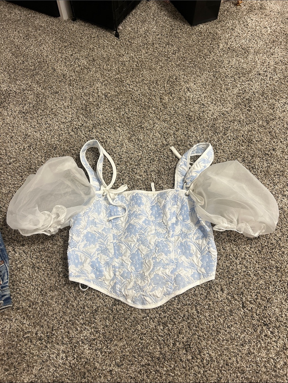 Blue Floral Corset Top with Sheer Puff Sleeves